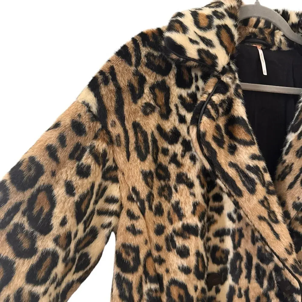 Free People Kate Leopard Print Faux Fur Oversized Coat Jacket Size XS